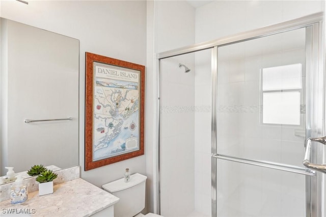 full bathroom featuring toilet, a shower stall, and vanity