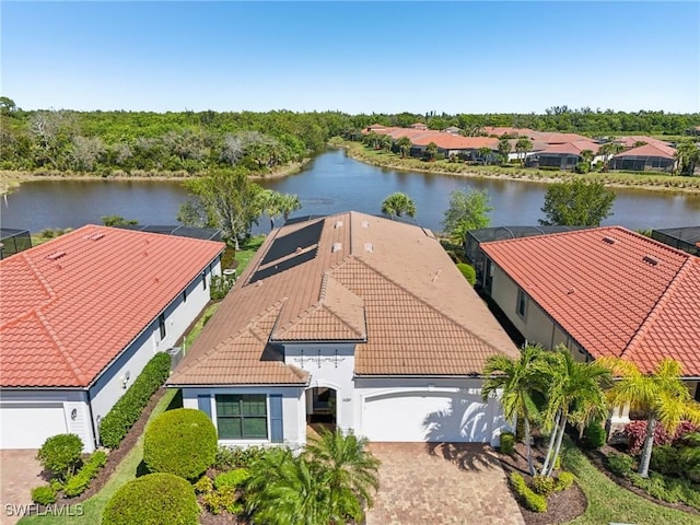 drone / aerial view featuring a water view