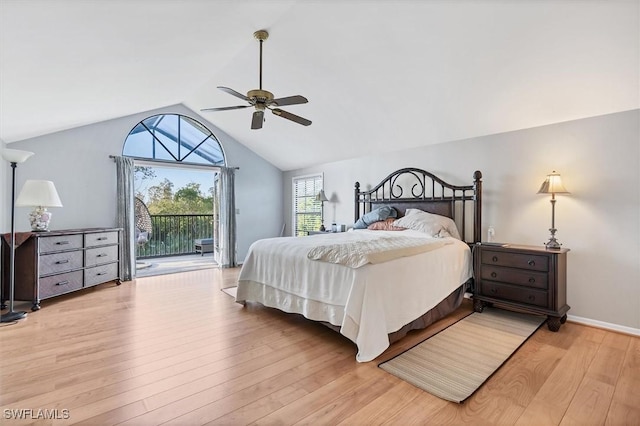 bedroom featuring baseboards, ceiling fan, vaulted ceiling, access to outside, and light wood-type flooring