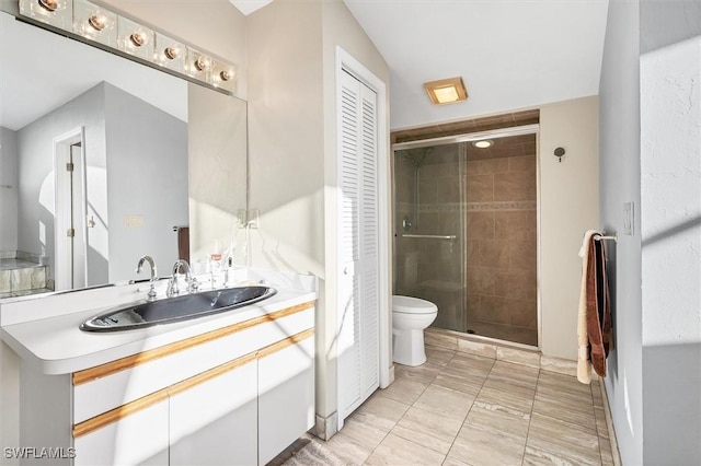 full bathroom with vanity, a shower stall, and toilet