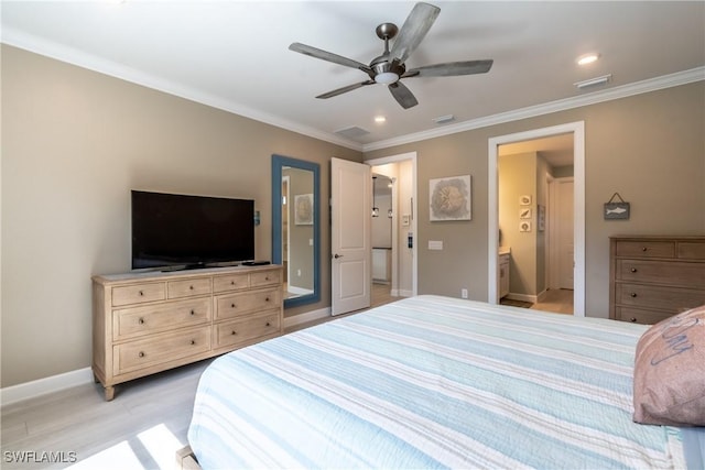 bedroom with visible vents, a ceiling fan, baseboards, ornamental molding, and ensuite bath