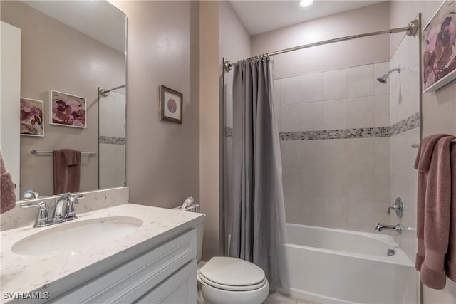 full bath with shower / bathtub combination with curtain, toilet, and vanity