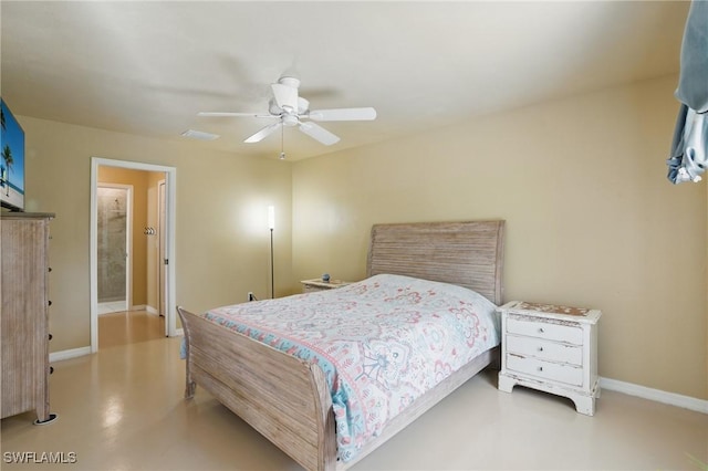 bedroom featuring visible vents, baseboards, concrete flooring, and ceiling fan