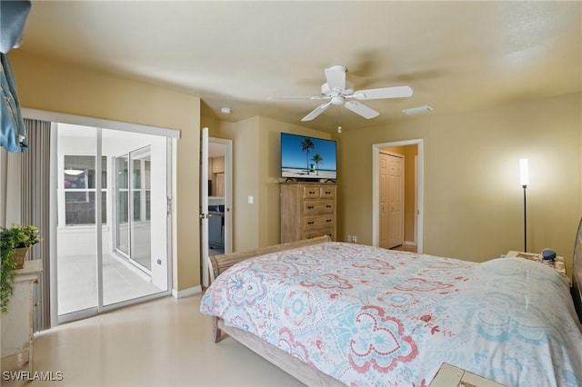 bedroom featuring access to exterior, a ceiling fan, and visible vents