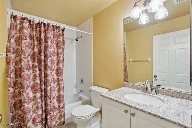 bathroom featuring visible vents, toilet, shower / tub combo with curtain, vanity, and a textured wall