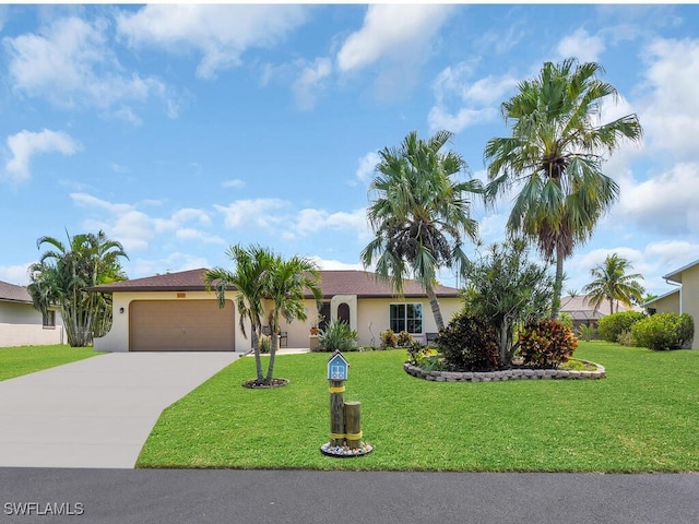 ranch-style house featuring an attached garage, driveway, a front lawn, and stucco siding