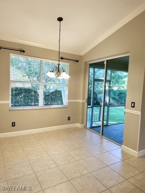 empty room with light tile patterned floors, baseboards, lofted ceiling, crown molding, and a notable chandelier