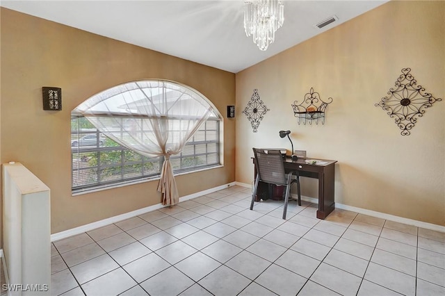 office space featuring light tile patterned floors, baseboards, visible vents, and a chandelier