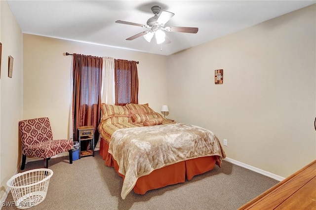 bedroom featuring carpet flooring, baseboards, and ceiling fan