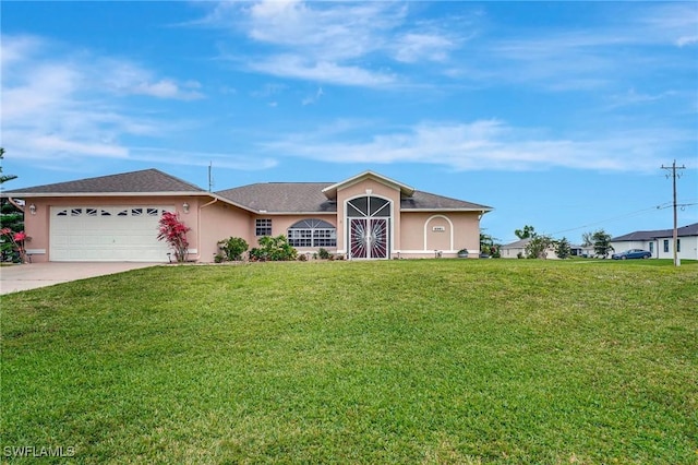 view of front of home with stucco siding, a front yard, concrete driveway, and an attached garage