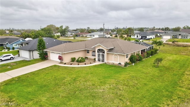 view of front facade featuring a residential view, glass enclosure, concrete driveway, and a front yard