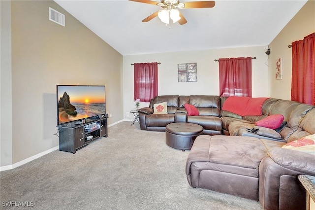 living room featuring a ceiling fan, visible vents, carpet floors, baseboards, and lofted ceiling