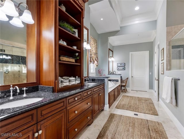 full bath with a sink, a garden tub, a shower stall, and crown molding