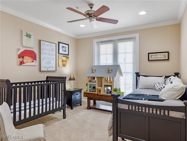 bedroom featuring a ceiling fan, crown molding, recessed lighting, and light colored carpet