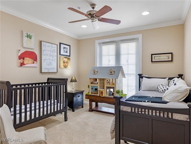 18200 Old Pelican Bay Dr, Fort Myers Beach, FL 33931 - bedroom with light carpet, crown molding, recessed lighting, and a ceiling fan