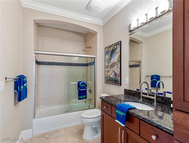 18200 Old Pelican Bay Dr, Fort Myers Beach, FL 33931 - bathroom with combined bath / shower with glass door, crown molding, toilet, and vanity