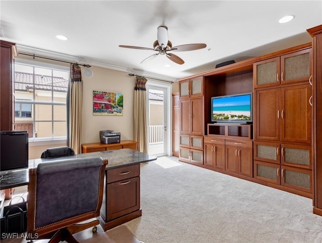 office area featuring recessed lighting, carpet floors, ornamental molding, and a ceiling fan