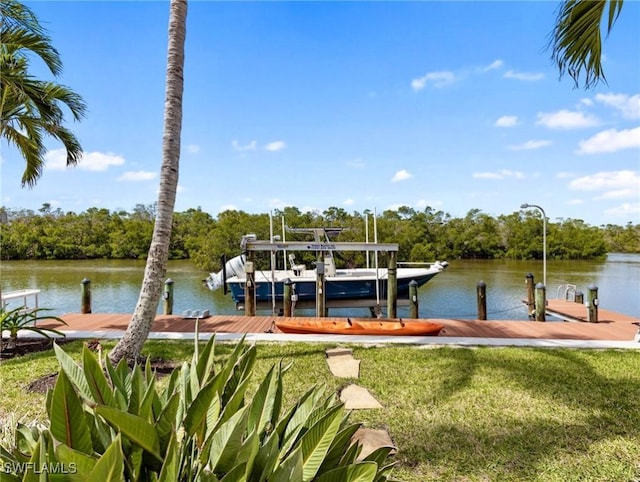 dock area with a water view and boat lift