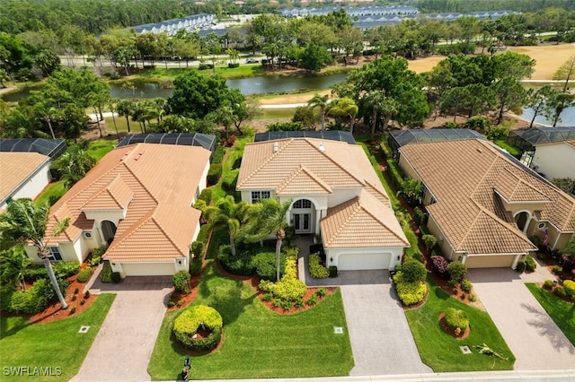 drone / aerial view featuring a water view