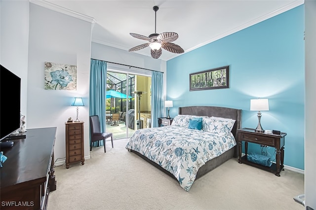 bedroom featuring a ceiling fan, carpet, baseboards, crown molding, and access to outside