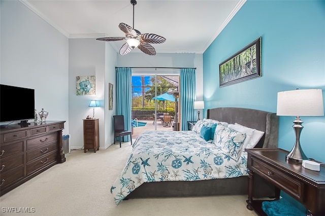 carpeted bedroom featuring ceiling fan, access to exterior, baseboards, and ornamental molding