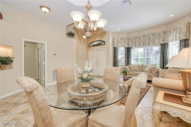 dining space with recessed lighting, visible vents, baseboards, and an inviting chandelier