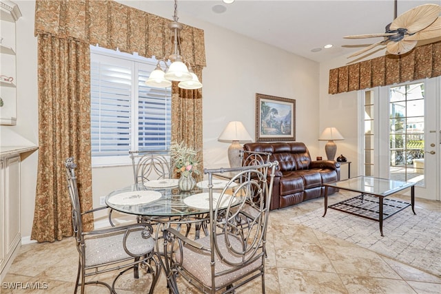 dining space with recessed lighting and ceiling fan