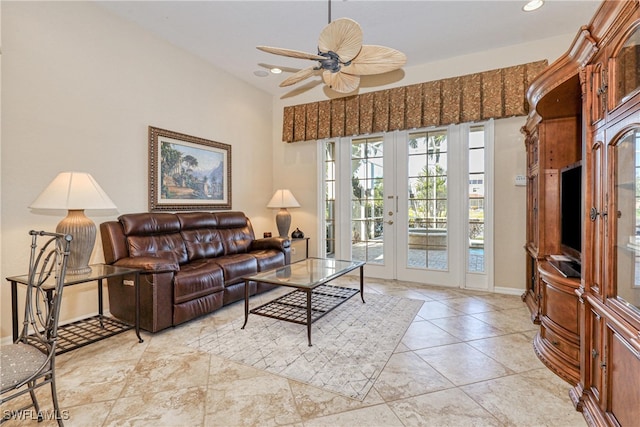 living room featuring recessed lighting, ceiling fan, french doors, and baseboards