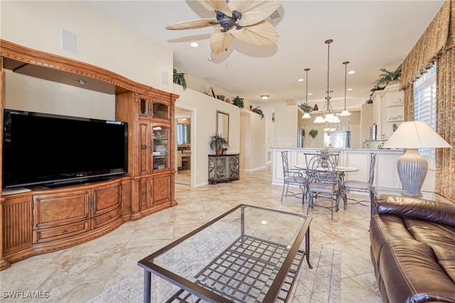 living room with visible vents, recessed lighting, baseboards, and ceiling fan