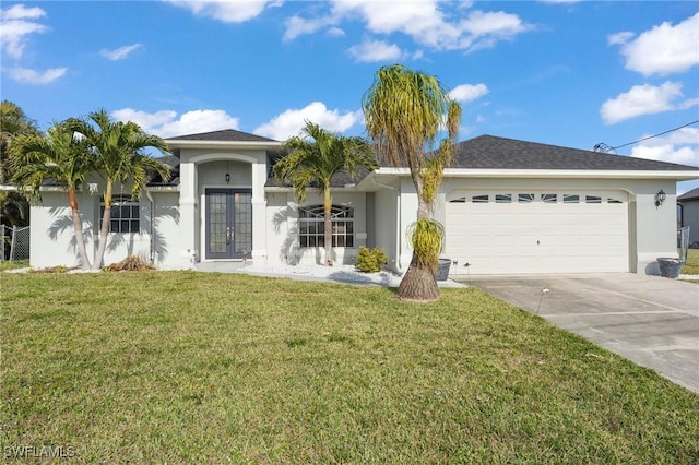 ranch-style house with french doors, stucco siding, an attached garage, a front yard, and driveway