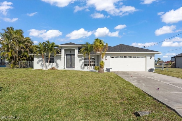 single story home featuring concrete driveway, an attached garage, french doors, a front lawn, and stucco siding