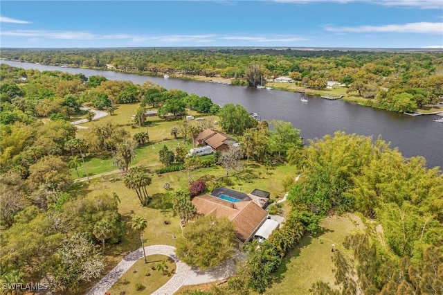 bird's eye view featuring a forest view and a water view