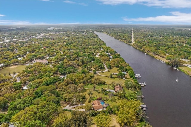 drone / aerial view with a wooded view and a water view