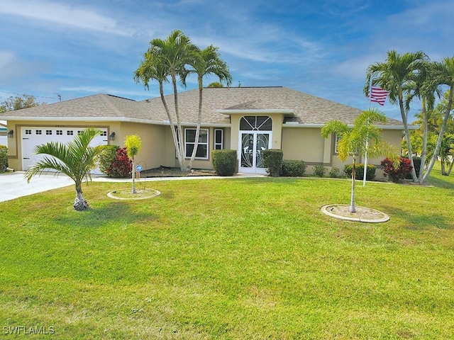 ranch-style house featuring a garage, driveway, a front lawn, and stucco siding