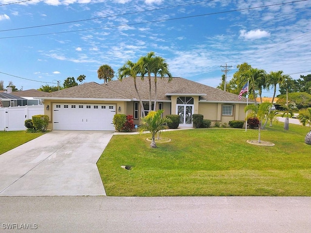 ranch-style home featuring a garage, concrete driveway, a front lawn, and stucco siding