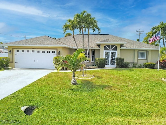 single story home with an attached garage, driveway, a front lawn, and stucco siding