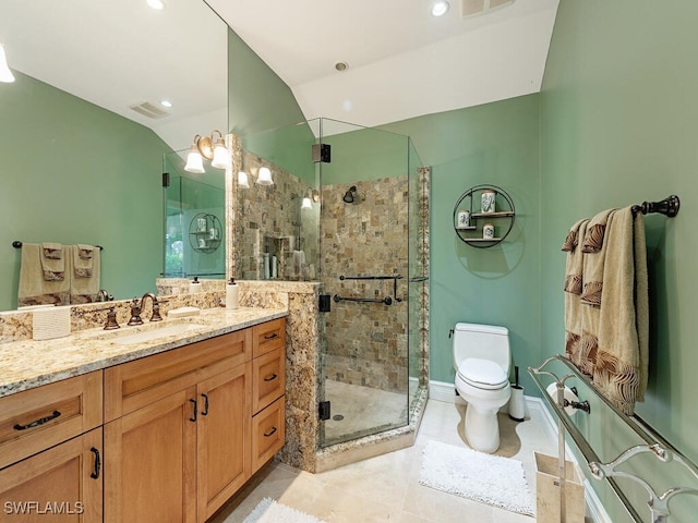 bathroom with toilet, recessed lighting, visible vents, vanity, and a stall shower