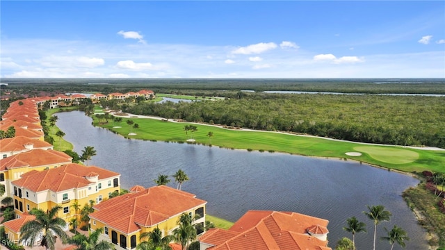 aerial view featuring view of golf course and a water view