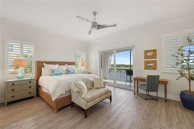 bedroom with a ceiling fan, baseboards, light wood-style floors, access to outside, and crown molding