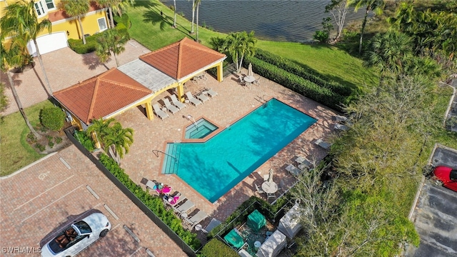 aerial view featuring a water view