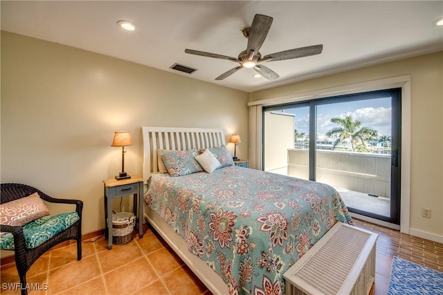 bedroom with access to exterior, recessed lighting, visible vents, a ceiling fan, and baseboards