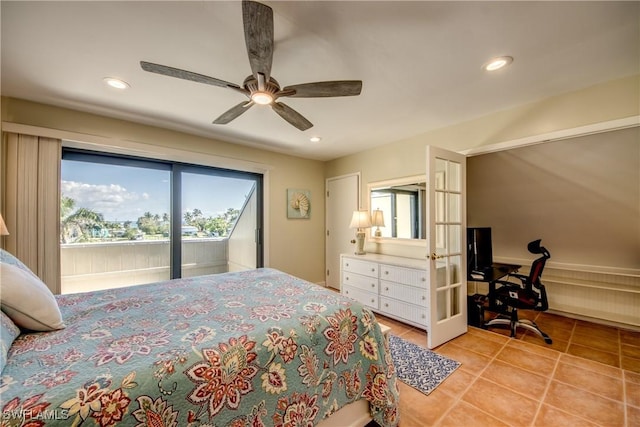 bedroom featuring access to exterior, french doors, light tile patterned floors, recessed lighting, and ceiling fan