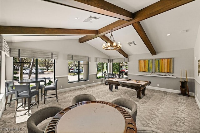 game room with carpet floors, visible vents, vaulted ceiling with beams, and a notable chandelier