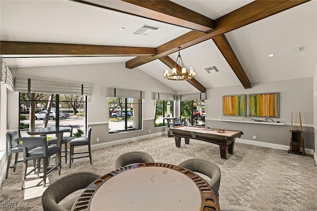 game room featuring visible vents, lofted ceiling with beams, carpet flooring, and an inviting chandelier