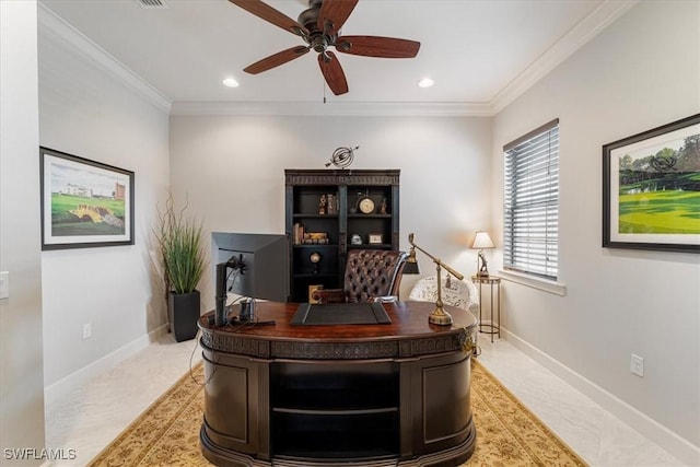 home office with ceiling fan, baseboards, crown molding, and recessed lighting