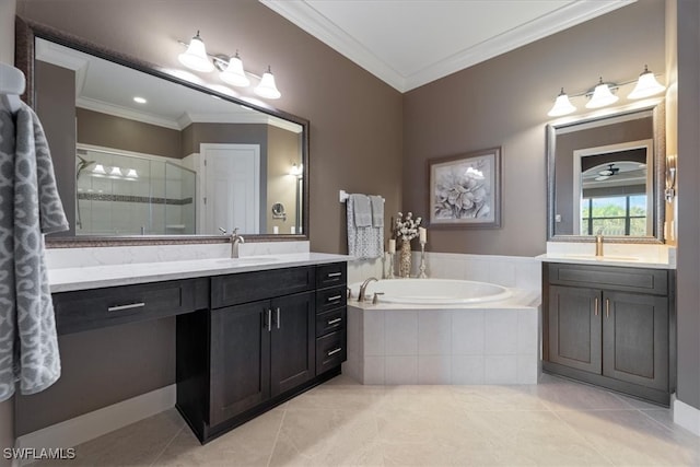 bathroom featuring a garden tub, ornamental molding, a shower stall, and tile patterned floors