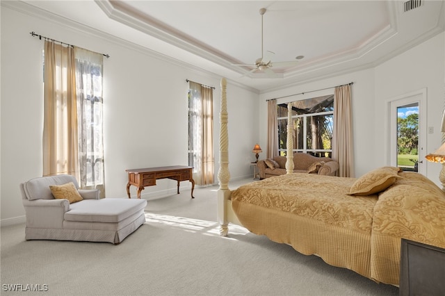 bedroom with access to exterior, multiple windows, a raised ceiling, and carpet floors