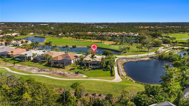 bird's eye view with golf course view and a water view