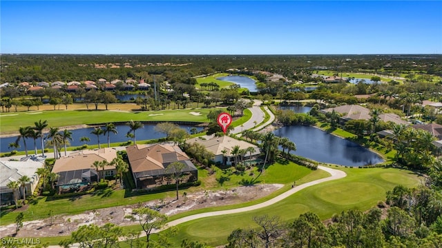 bird's eye view featuring a residential view, a water view, and view of golf course