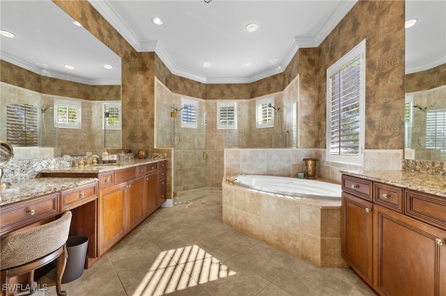 full bathroom featuring tile walls, a tile shower, a wealth of natural light, and ornamental molding